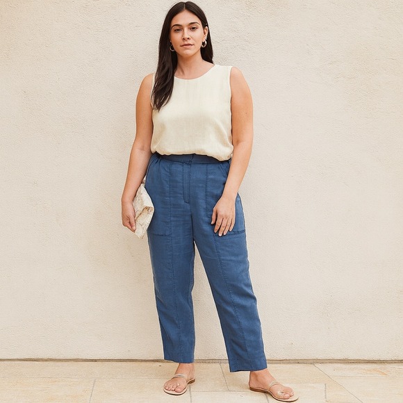 Kobi Halperin Linen Blend Pants Womens Medium Navy Blue Elastic Waist Tencel - Picture 1 of 10